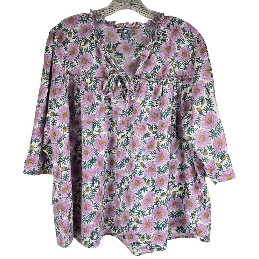 Shade & Amour 100% Cotton Floral Peasant Blouse Purple Pink Medium Boho
